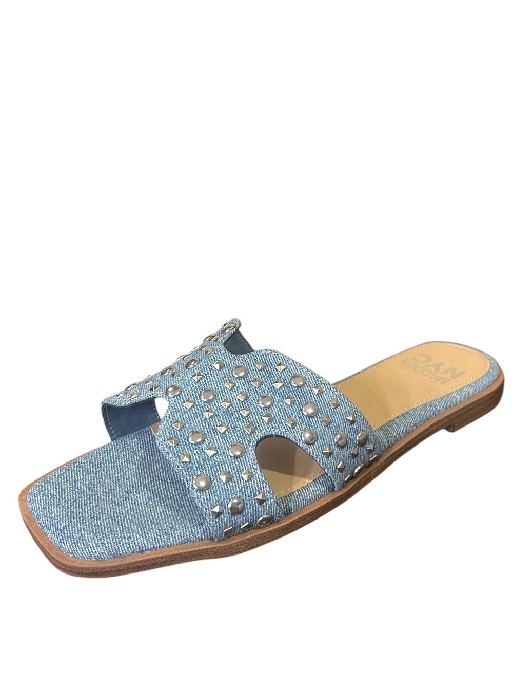 Madden NYC Women's Classic Flat Slide Sandals in Washed Denim Size 7